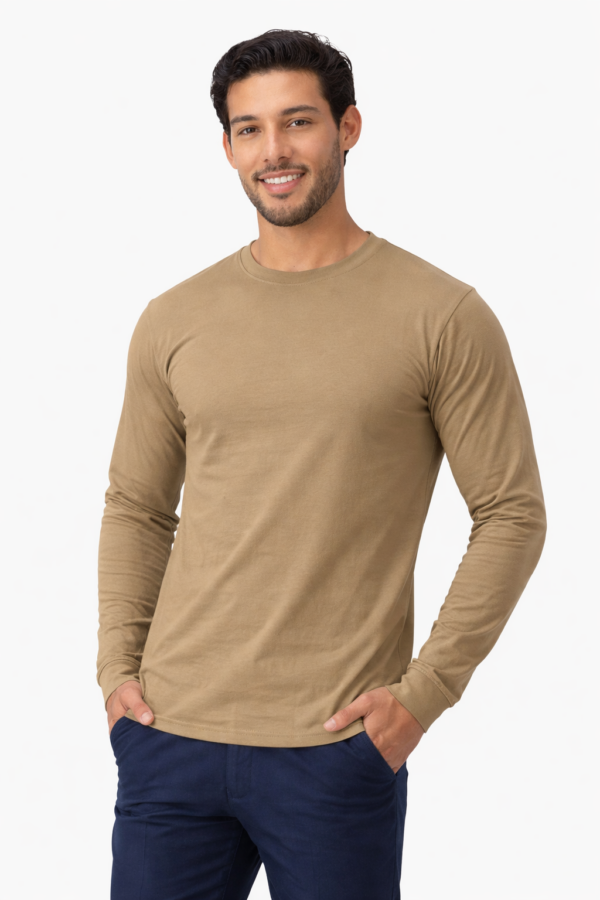 Playera Manga Larga Color Khaki para Hombre 100% Algodón – Cuello Redondo